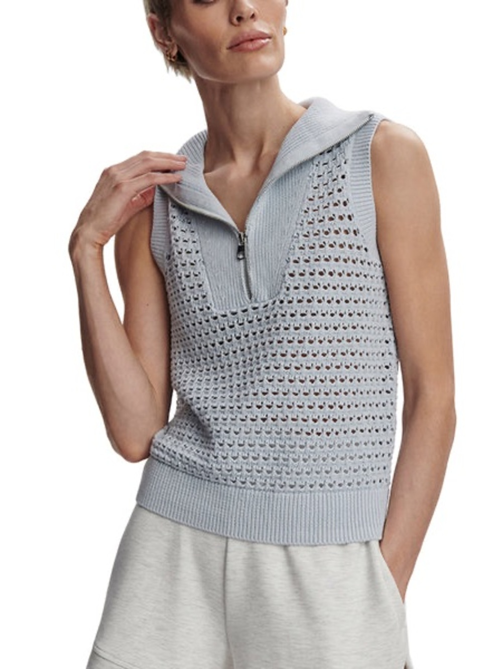 Varley Light Blue Sleeveless V-Neck Half-Zip Knit Vest